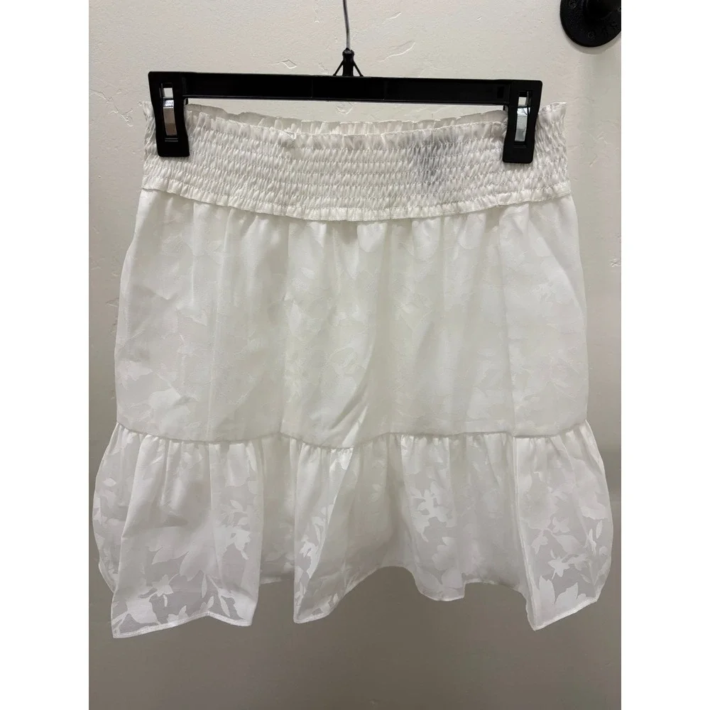 Aqua‎ White Floral Jacquard Smocked Mini Skirt Tiered Ruffle Hem Small